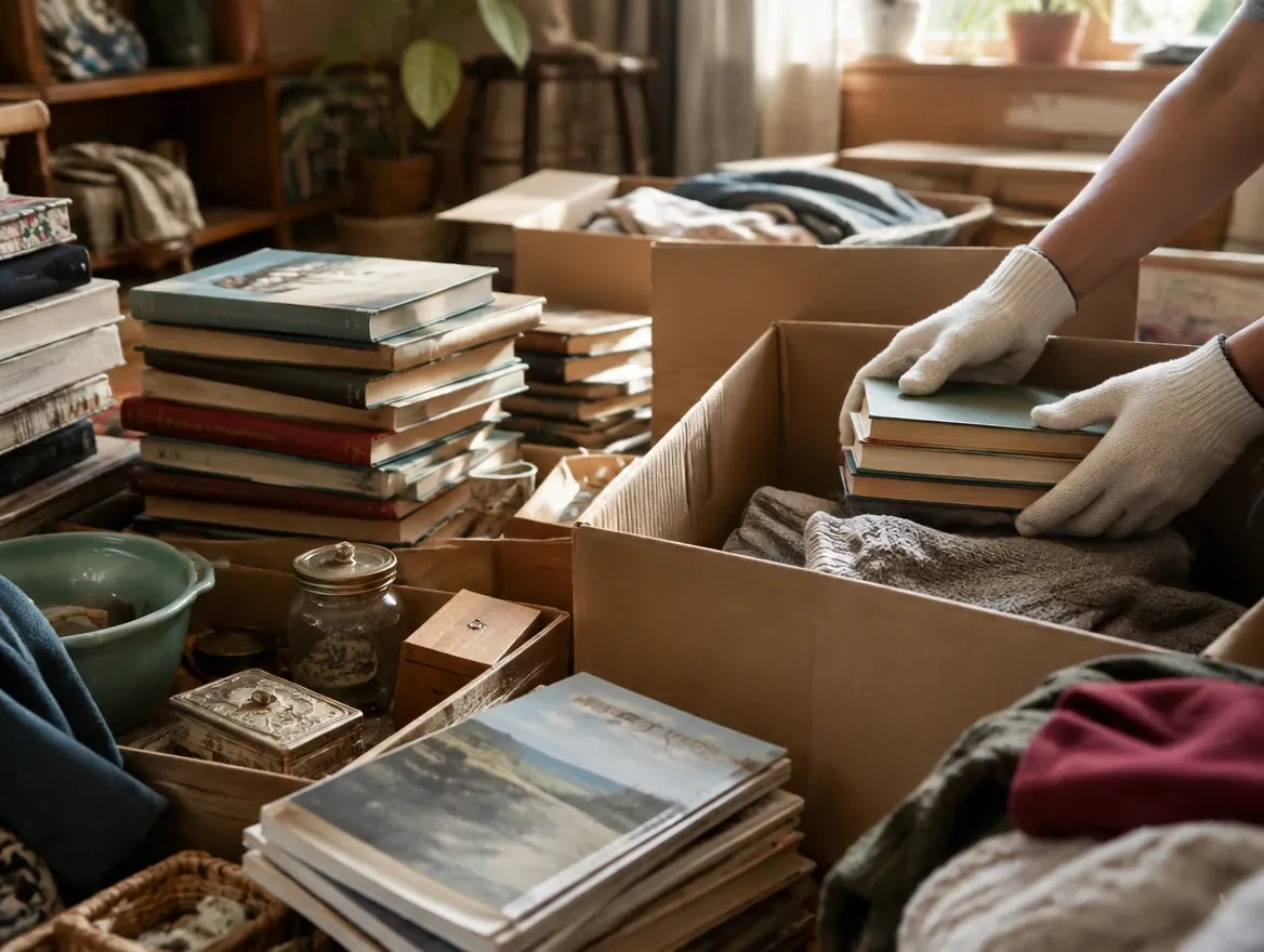 Mains gantées triant des livres et objets accumulés dans des cartons ouverts, sur une table couverte de cartes postales et de vaisselle