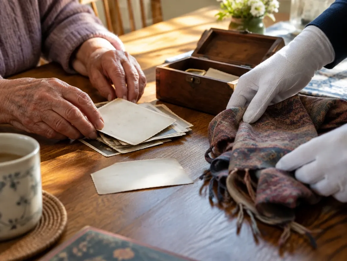 Mains d'une personne âgée et mains gantées d'un aidant triant des photographies, une boîte en bois et un foulard sur une table de cuisine