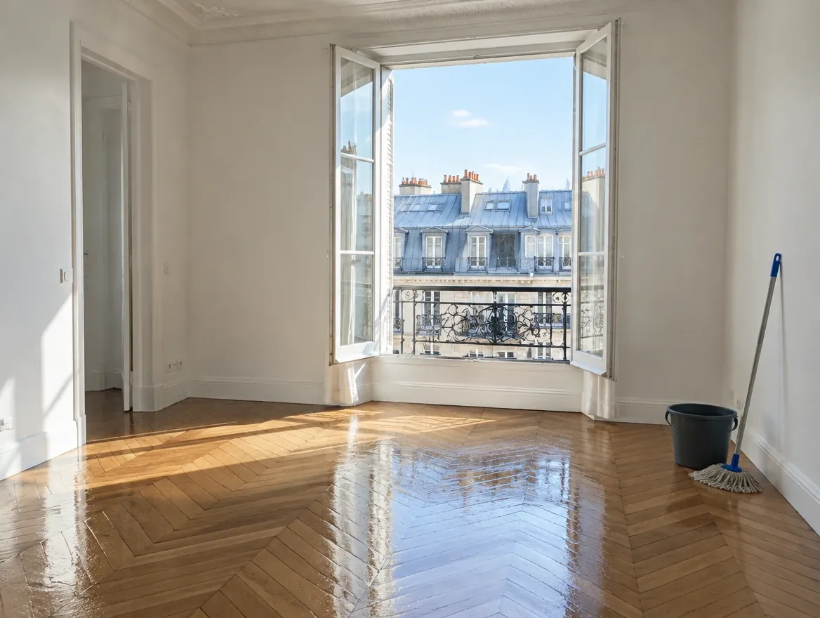 Pièce vide fraîchement lavée, parquet en point de Hongrie encore humide, fenêtre ouverte sur des toits parisiens, seau et balai dans un coin