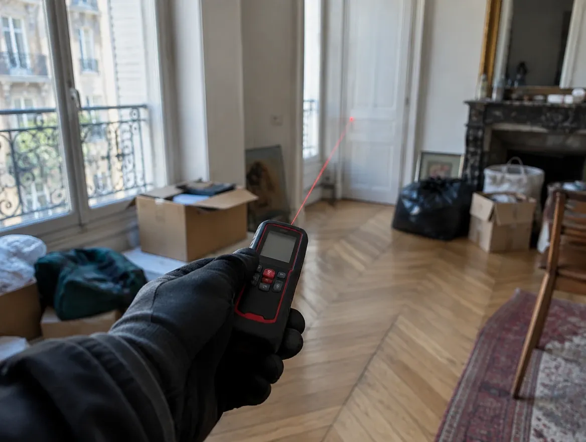 Main gantée tenant un télémètre laser pointé à travers une pièce encombrée de cartons et de sacs, parquet et cheminée en arrière-plan