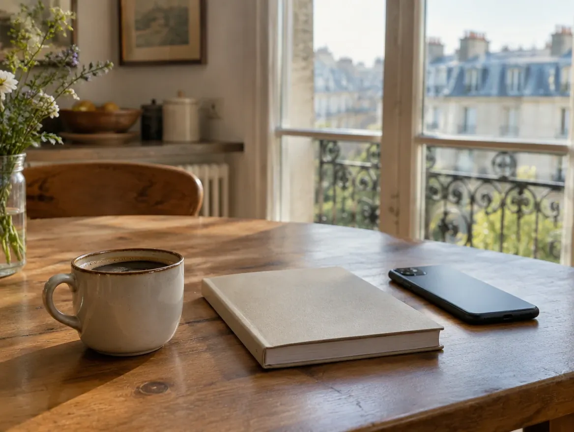 Table de cuisine avec une tasse de café, un carnet fermé et un téléphone posé face contre table, fenêtre ouverte sur des immeubles parisiens